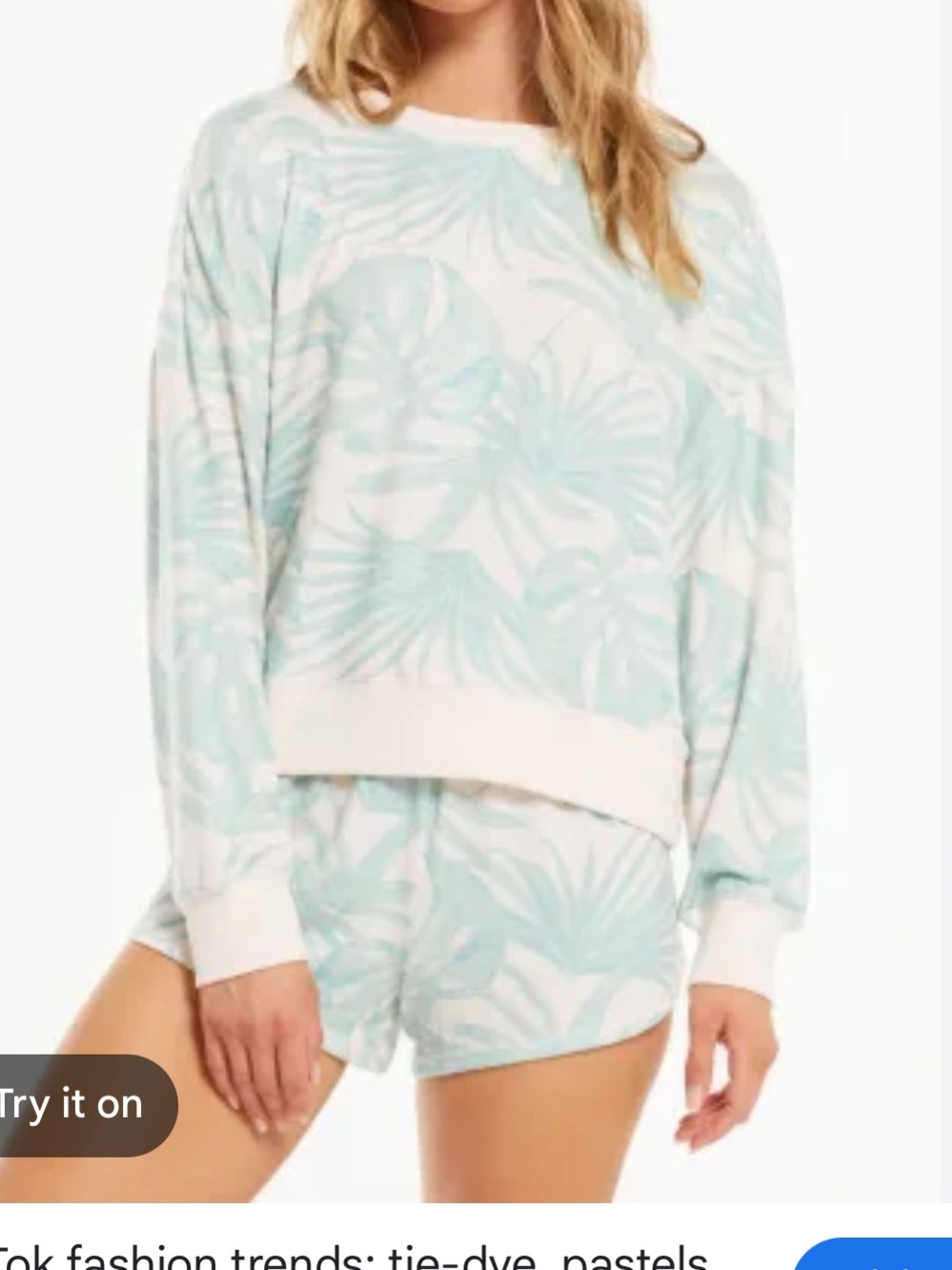 Elle Palm Pullover Z Supply mint and pink Tropical Leaf lightweight Sweatshirt M